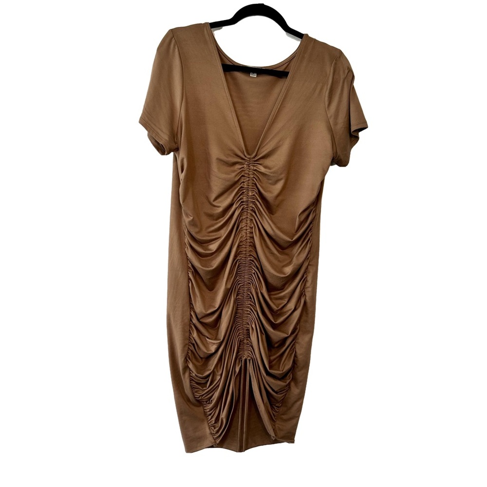 Haute Monde Dress Size 1X Jersey Brown Ruched Detail Midi All Season